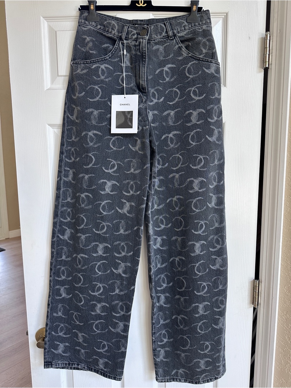 CHANEL Black All-Over Monogram Wide Leg Jeans